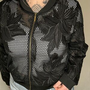 City Chic Black Leaf Mesh Bomber Jacket